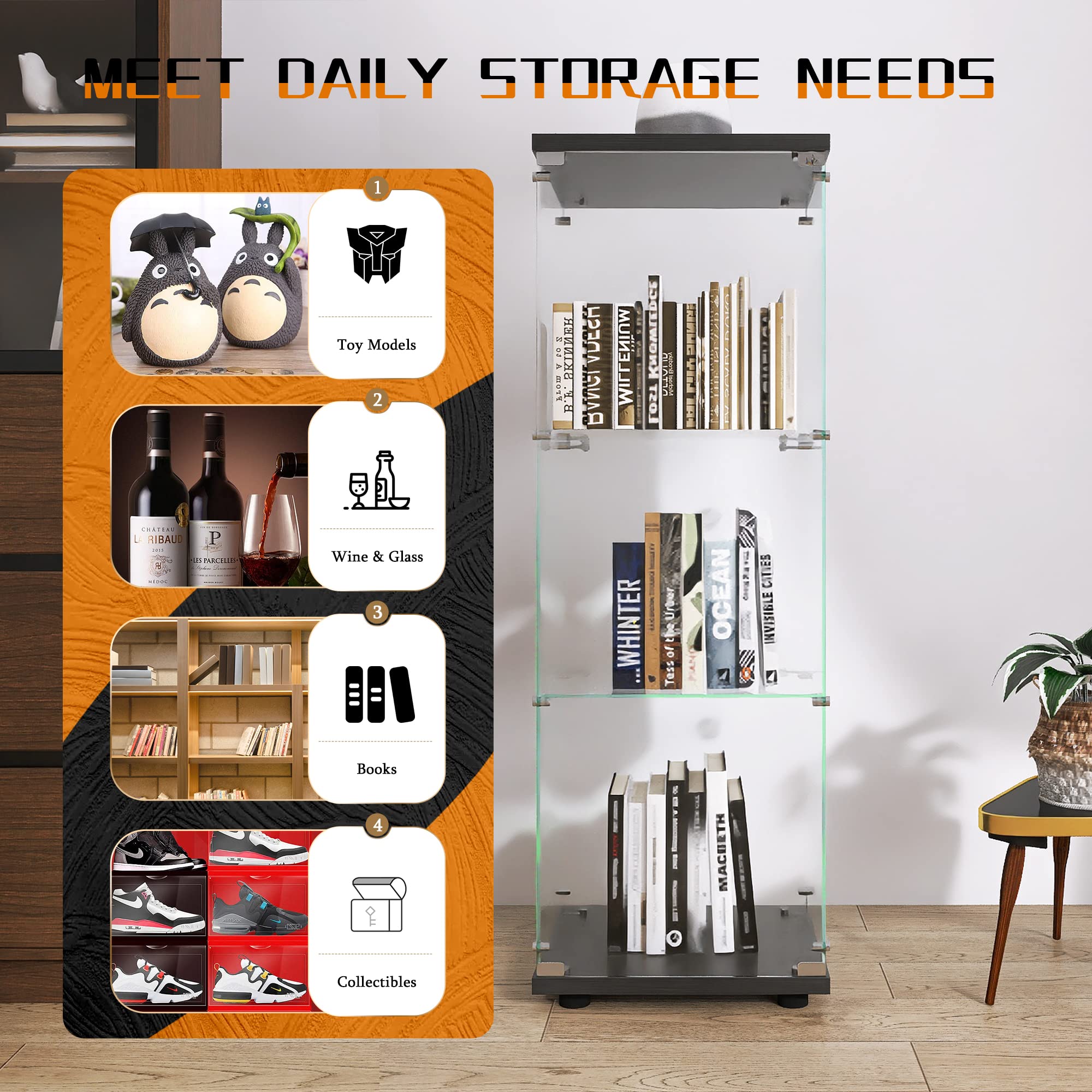 Beauty4U One-Door Glass Display Cabinet, Black Curio Cabinets For Living Room, Bedroom, Office, Collection Display, Quick Installation In 30 Mins, 3 Shelves Black Floor Standing Glass Bookshelf